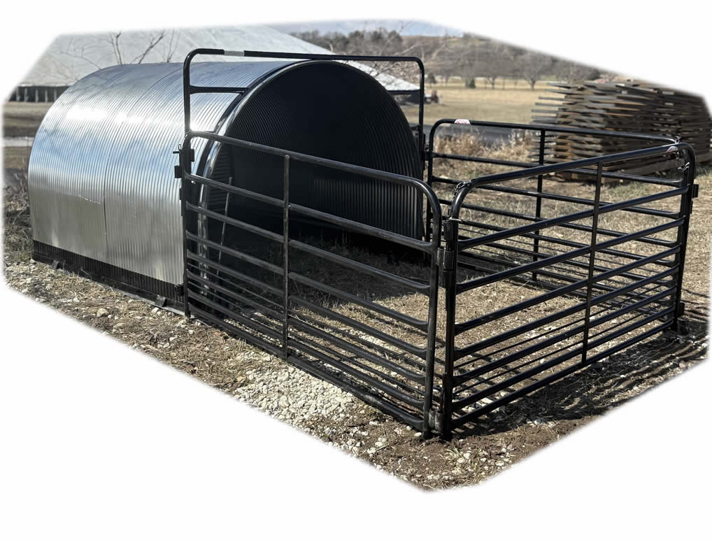 Port-A-Hut Medium Shelter shown with Pen and 6' Gate. Works well for feeder pigs, goats, sheep, calves, chickens, & other small livestock. 
