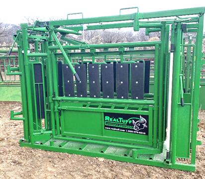 Real Tuff Double Side Exit Squeeze Chute with, Spring Loaded Headgate, Steel Floor, & Slick Gate - NO Palp Cage